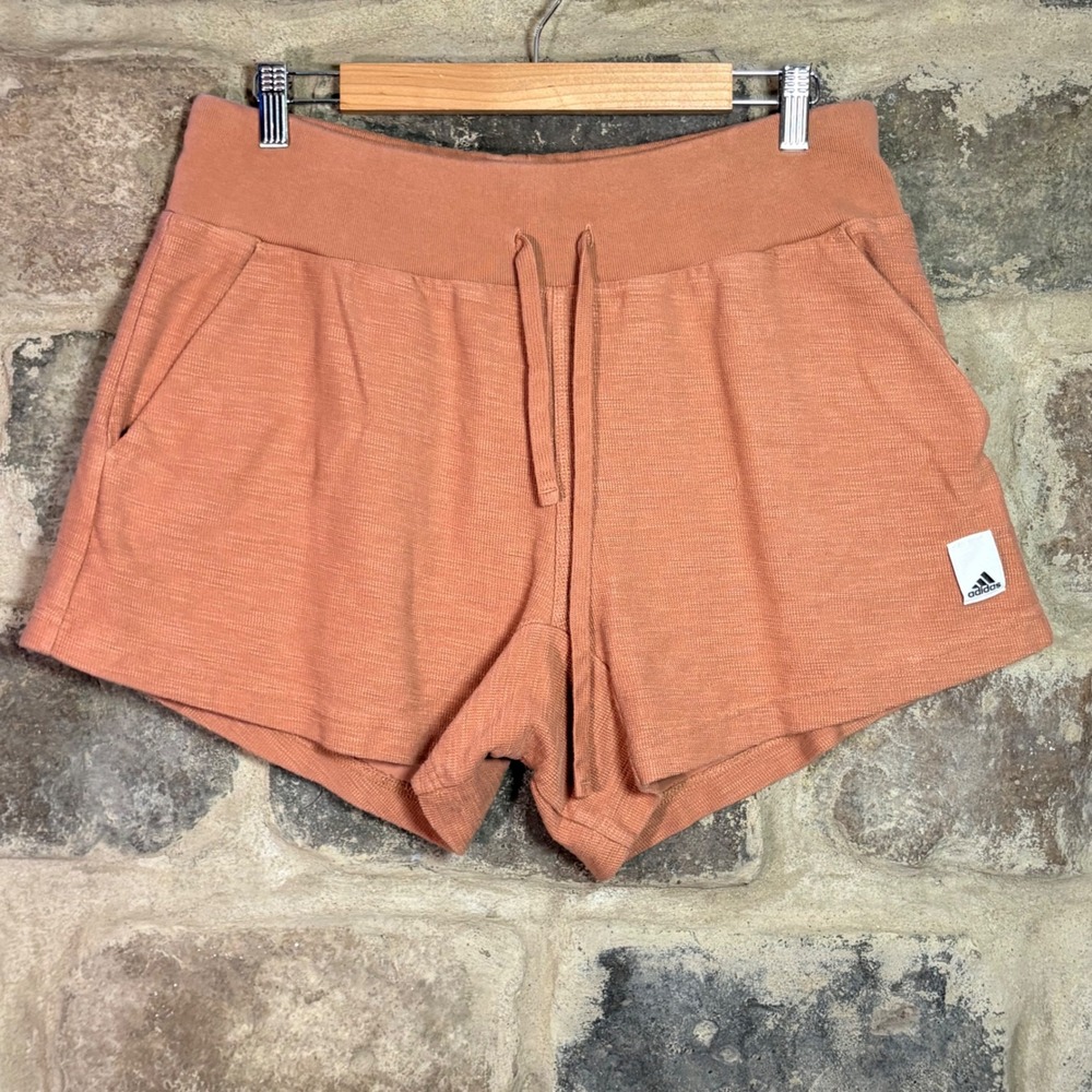 Adidas Women's Knit Shorts Terracotta Orange High Rise Drawstring Large Athletic